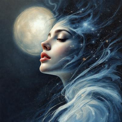 The primary subject of the image is a woman with long hair, who is looking up at the moon. She is surrounded by a blue and white background, which adds to the overall mood of the scene. The visual style of the image is a digital art or illustration, which gives it a unique and artistic appearance. The woman's long hair and the moon in the background create a sense of serenity and tranquility, as she gazes up at the celestial body.